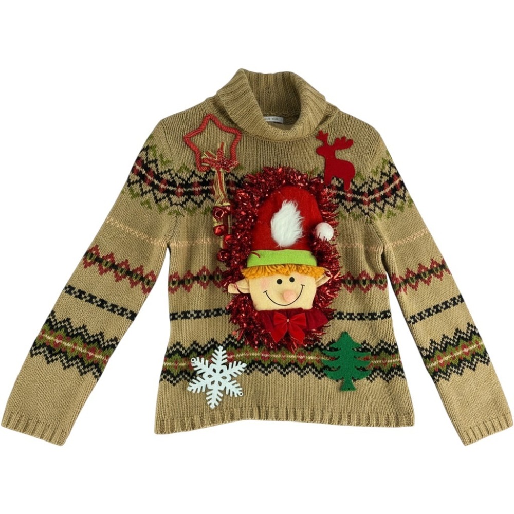 Womens Handmade Upcycled Ugly Christmas Sweater Elf 3D Jingle Bells Tan Medium